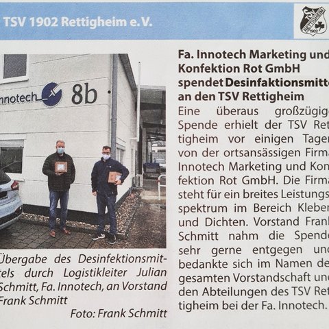 Desinfektionsmittel-Spende an den TSV Rettigheim 1902 E.V.